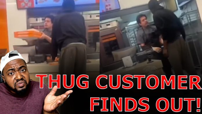 Loud Arrogant Thug Gets Served Hands Immediately After Crossing The Line At Little Caesars!